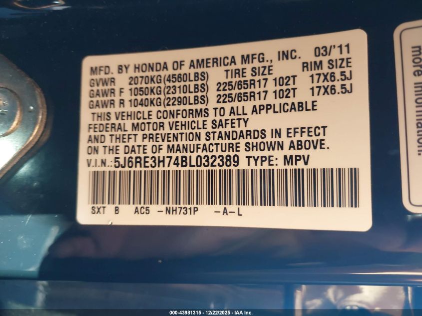 2011 Honda Cr-V Ex-L VIN: 5J6RE3H74BL032389 Lot: 43981315