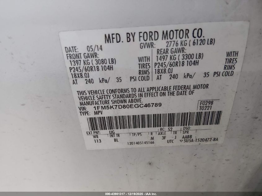 2014 Ford Explorer Xlt VIN: 1FM5K7D80EGC46789 Lot: 43981317