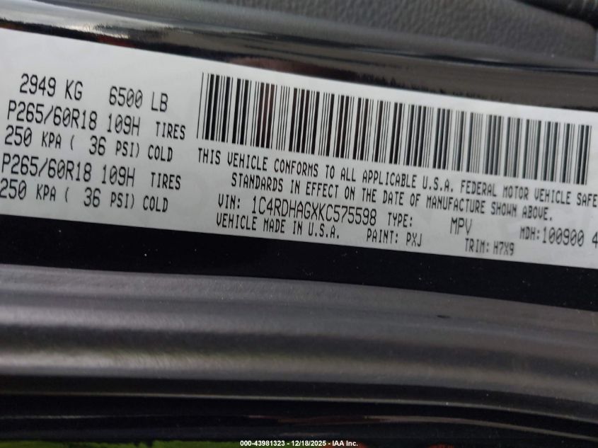 2019 Dodge Durango Sxt Rwd VIN: 1C4RDHAGXKC575598 Lot: 43981323