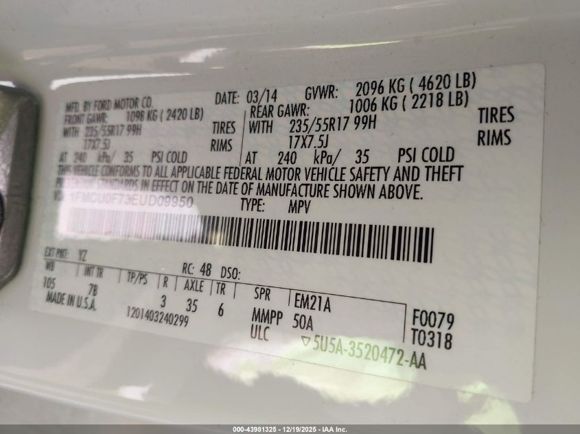 2014 Ford Escape S VIN: 1FMCU0F73EUD09950 Lot: 43981325