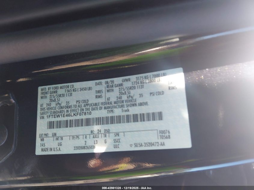 2020 Ford F-150 Xlt VIN: 1FTEW1E46LKF07810 Lot: 43981328