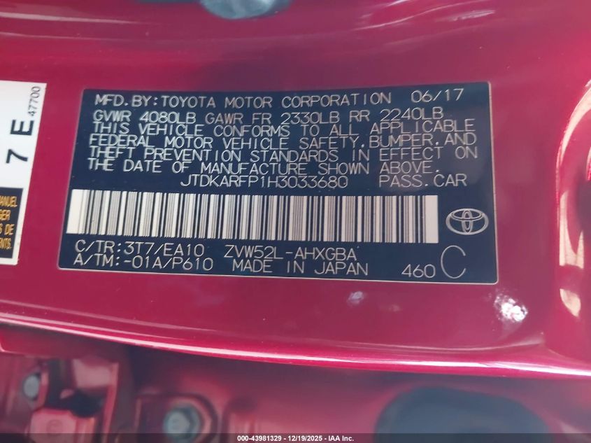 2017 Toyota Prius Prime Premium VIN: JTDKARFP1H3033680 Lot: 43981329