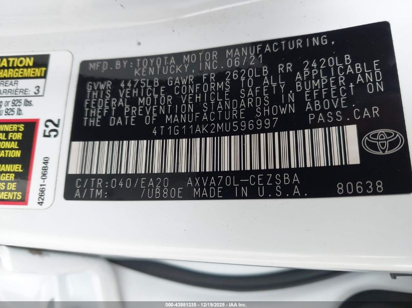 2021 Toyota Camry Se VIN: 4T1G11AK2MU596997 Lot: 43981335