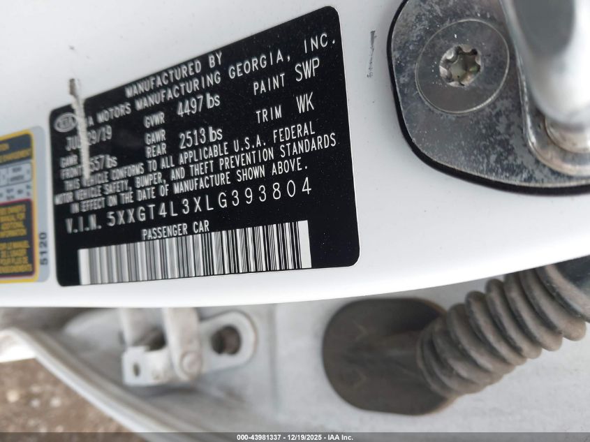 2020 Kia Optima Lx VIN: 5XXGT4L3XLG393804 Lot: 43981337