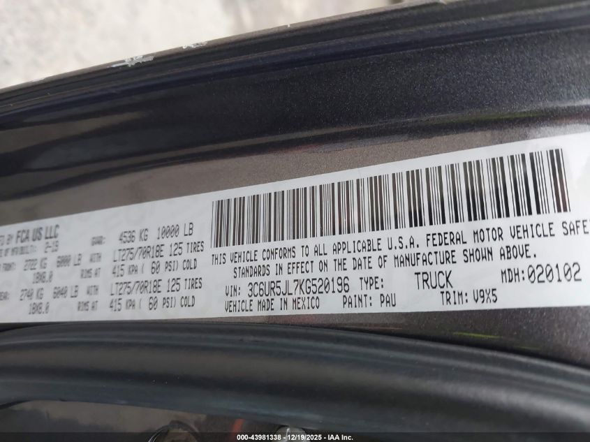 2019 Ram 2500 Big Horn 4X4 8' Box VIN: 3C6UR5JL7KG520196 Lot: 43981338
