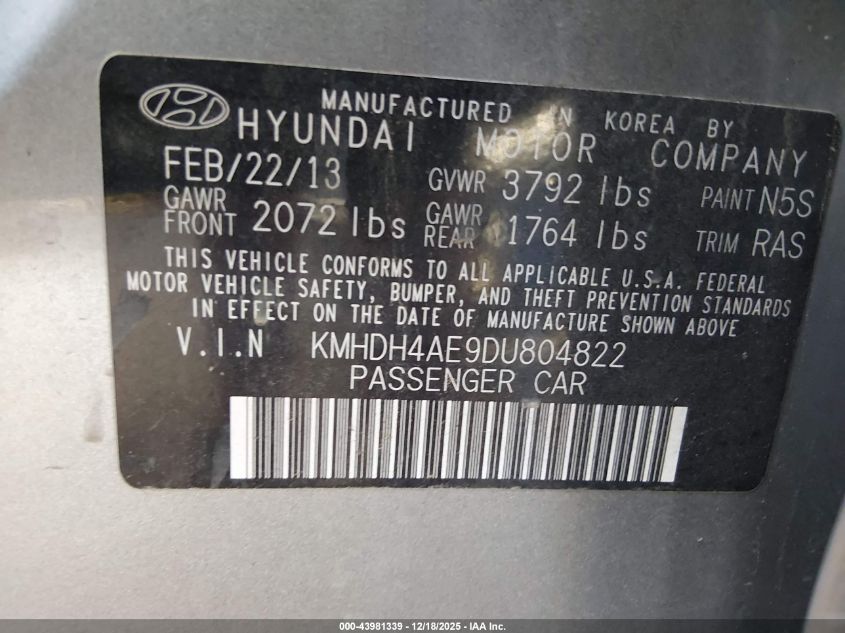 2013 Hyundai Elantra Gls VIN: KMHDH4AE9DU804822 Lot: 43981339