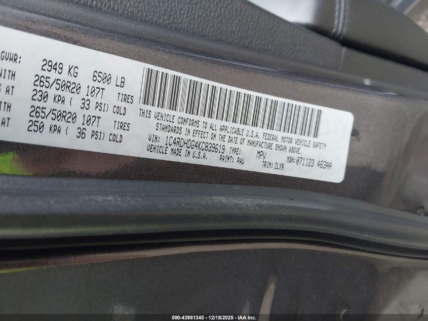 2019 Dodge Durango Gt Plus Rwd VIN: 1C4RDHDG4KC839619 Lot: 43981340