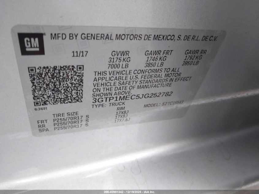 2018 GMC Sierra 1500 Sle VIN: 3GTP1MEC5JG252782 Lot: 43981342