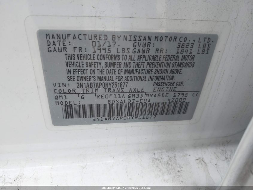 2017 Nissan Sentra Sv VIN: 3N1AB7AP0HY261877 Lot: 43981345