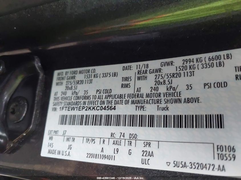 2019 Ford F-150 Xl VIN: 1FTEW1EP2KKC04564 Lot: 43981346