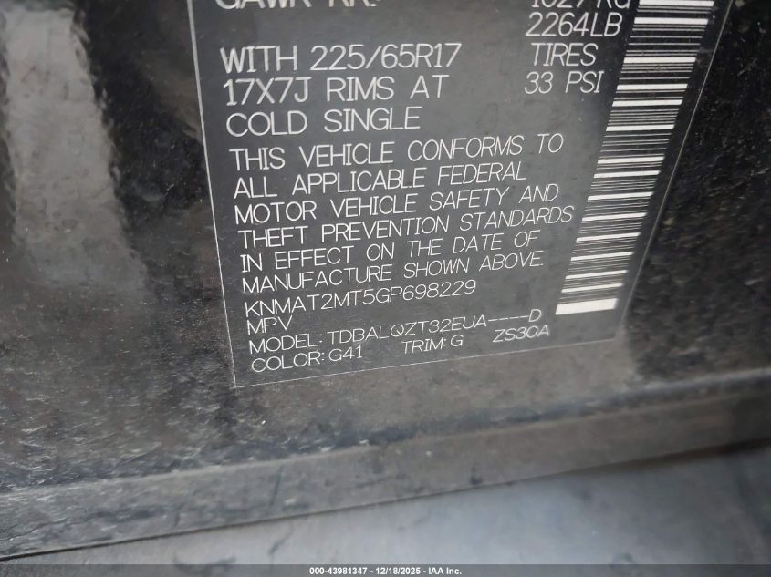 2016 Nissan Rogue S/Sl/Sv VIN: KNMAT2MT5GP698229 Lot: 43981347