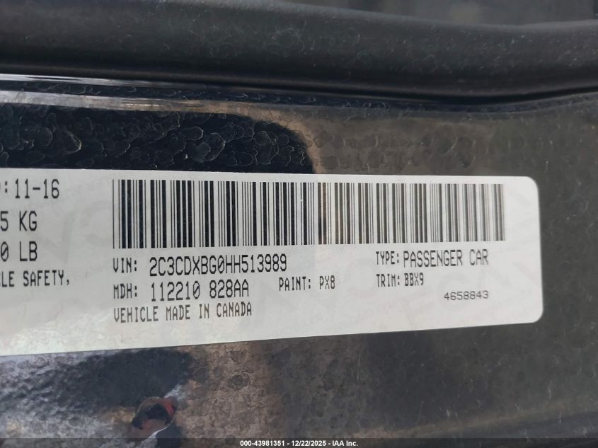 2017 Dodge Charger Se Rwd VIN: 2C3CDXBG0HH513989 Lot: 43981351