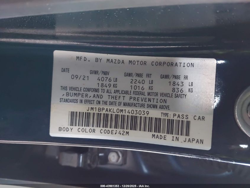 2021 Mazda Mazda3 Select VIN: JM1BPAKL0M1403039 Lot: 43981353