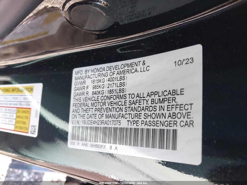 2024 Acura Integra VIN: 19UDE4H23RA017075 Lot: 43981356