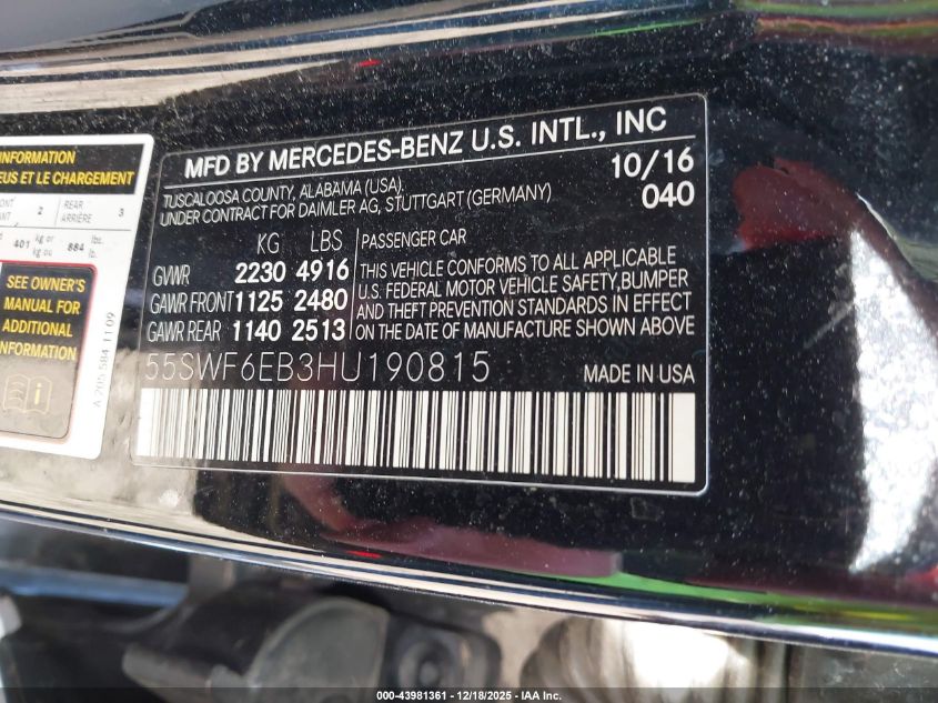 2017 Mercedes-Benz Amg C 43 4Matic VIN: 55SWF6EB3HU190815 Lot: 43981361