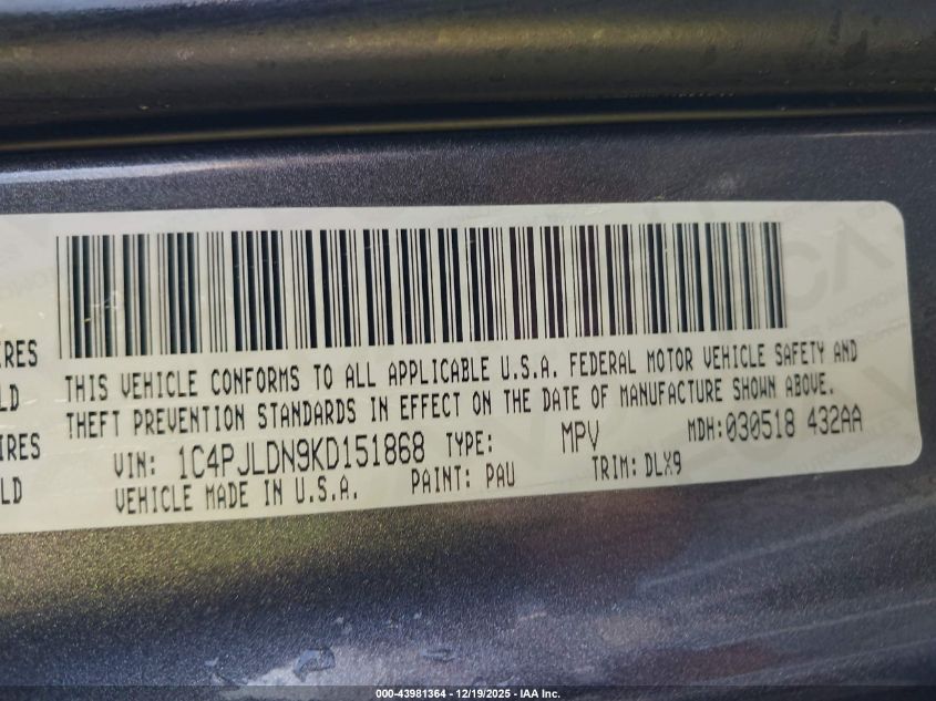 2019 Jeep Cherokee Limited Fwd VIN: 1C4PJLDN9KD151868 Lot: 43981364