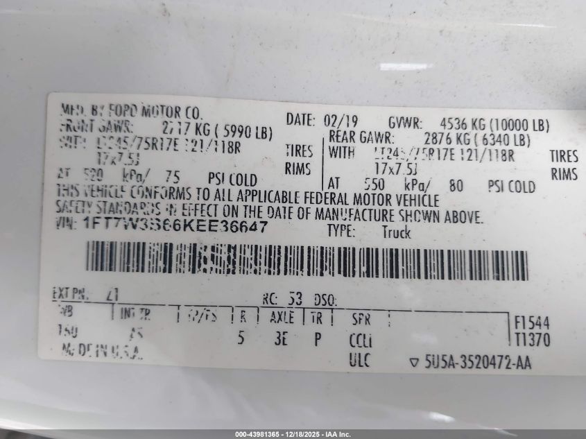 2019 Ford F-350 Xl VIN: 1FT7W3B66KEE36647 Lot: 43981365