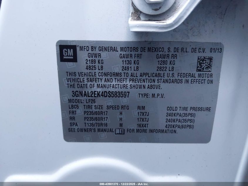 2013 Chevrolet Captiva Sport 2Ls VIN: 3GNAL2EK4DS583597 Lot: 43981370