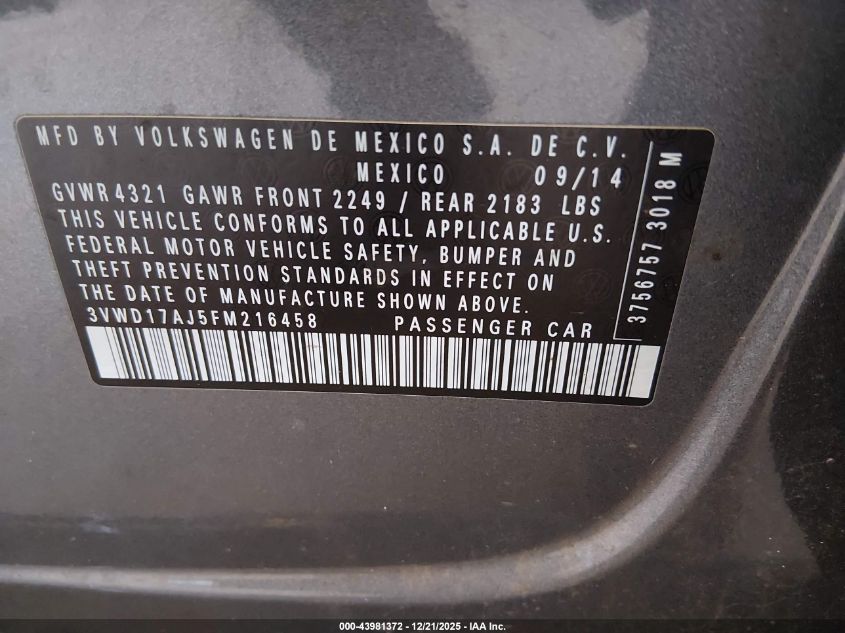 2015 Volkswagen Jetta 1.8T Sport VIN: 3VWD17AJ5FM216458 Lot: 43981372