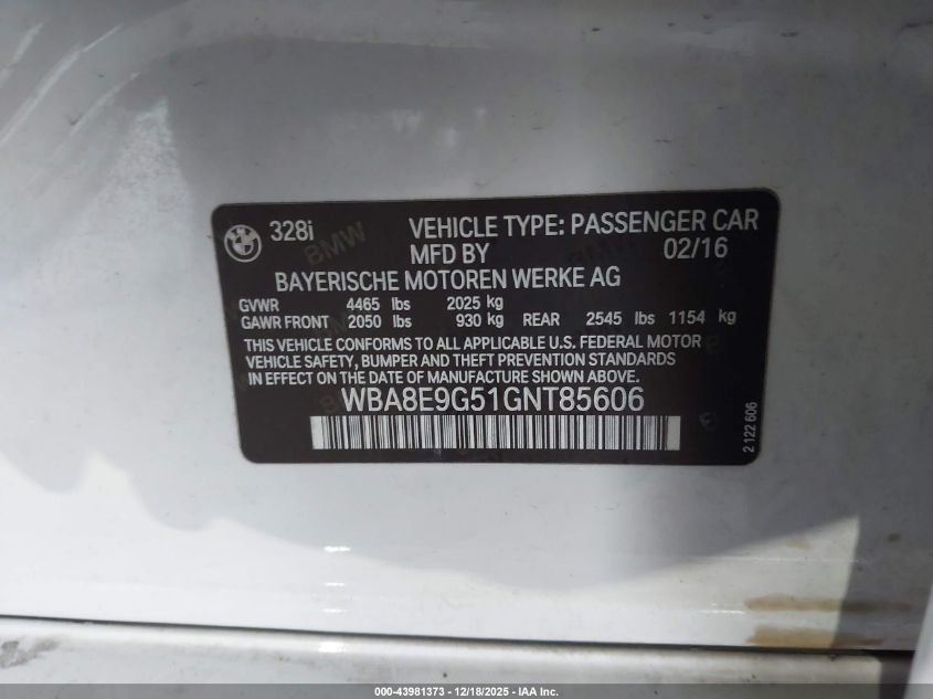 2016 BMW 328I VIN: WBA8E9G51GNT85606 Lot: 43981373