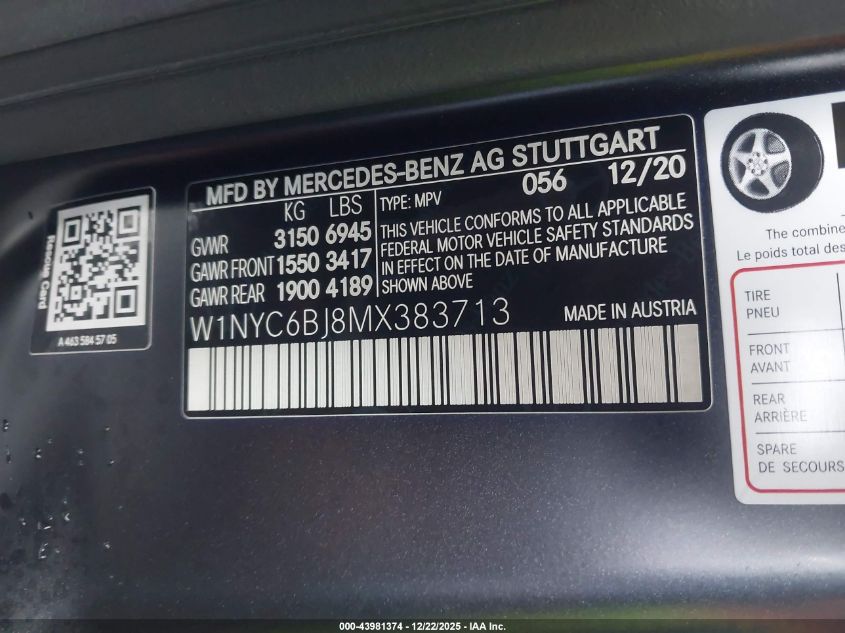 2021 Mercedes-Benz G 550 Suv VIN: W1NYC6BJ8MX383713 Lot: 43981374