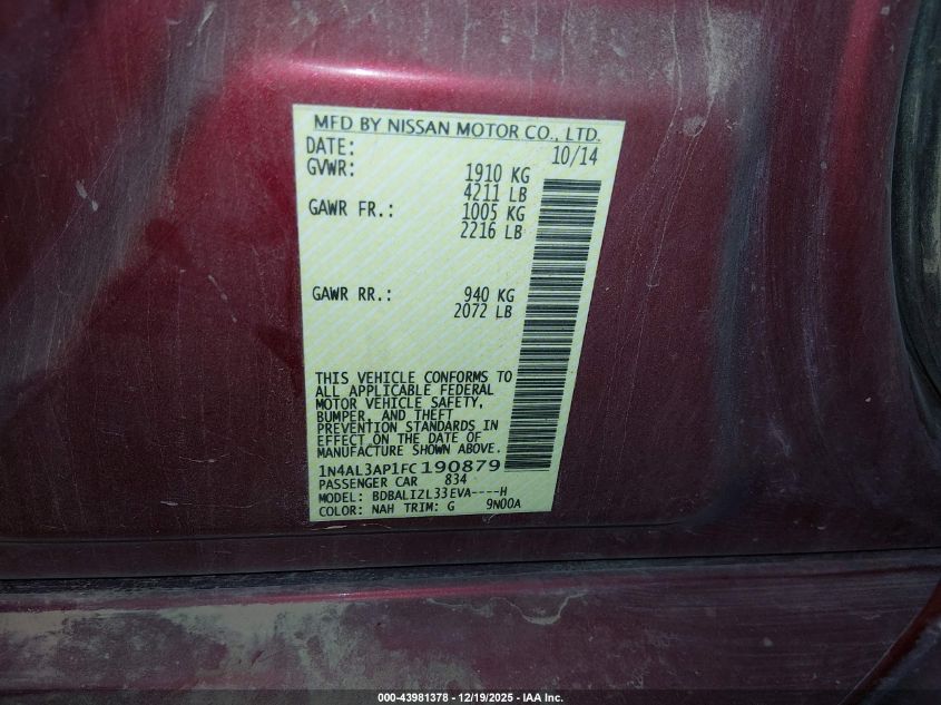 2015 Nissan Altima 2.5 Sv VIN: 1N4AL3AP1FC190879 Lot: 43981378