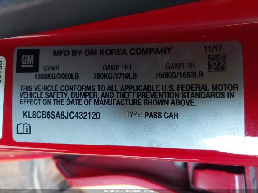 2018 Chevrolet Spark Ls Cvt VIN: KL8CB6SA8JC432120 Lot: 43981385