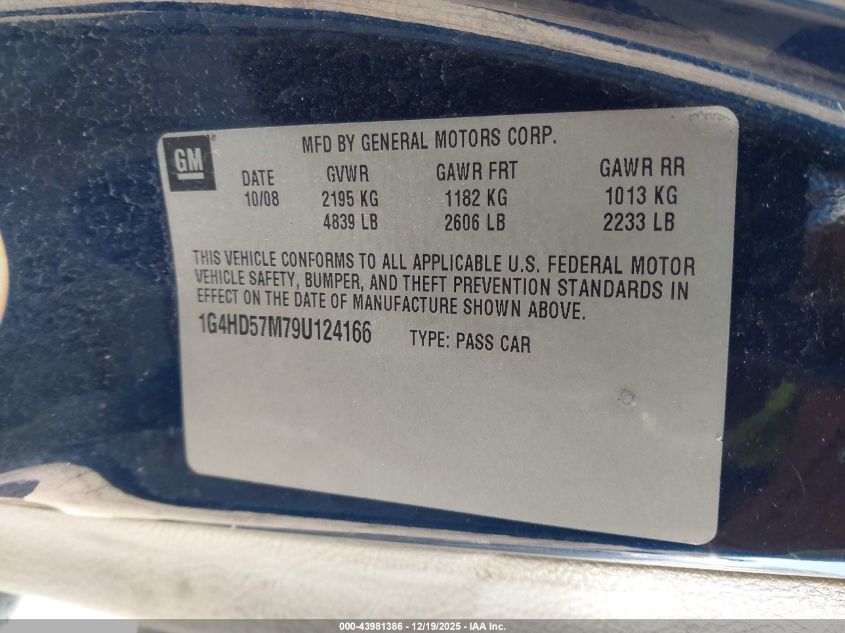 2009 Buick Lucerne Cxl VIN: 1G4HD57M79U124166 Lot: 43981386