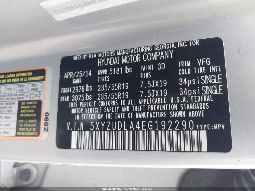 2014 Hyundai Santa Fe Sport 2.0L Turbo VIN: 5XYZUDLA4EG192290 Lot: 43981387