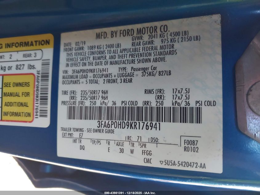 2019 Ford Fusion Se VIN: 3FA6P0HD9KR176941 Lot: 43981391