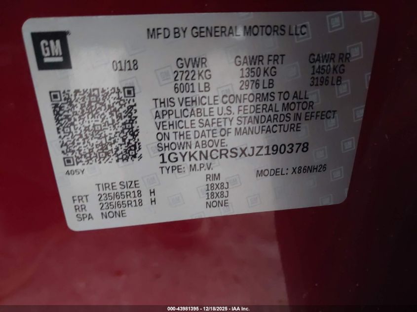 2018 Cadillac Xt5 Luxury VIN: 1GYKNCRSXJZ190378 Lot: 43981395