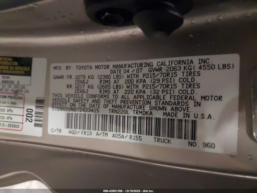 2007 Toyota Tacoma VIN: 5TENX22N57Z423415 Lot: 43981396