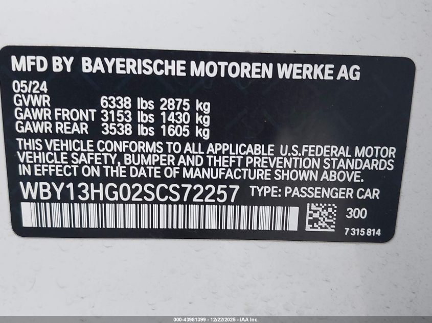 2025 BMW I5 xDrive40 VIN: WBY13HG02SCS72257 Lot: 43981399