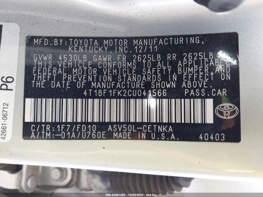 2012 Toyota Camry Le VIN: 4T1BF1FK2CU041566 Lot: 43981400