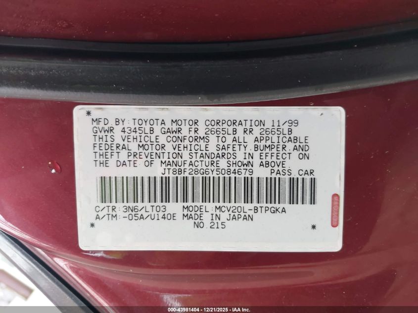 2000 Lexus Es 300 VIN: JT8BF28G6Y5084679 Lot: 43981404