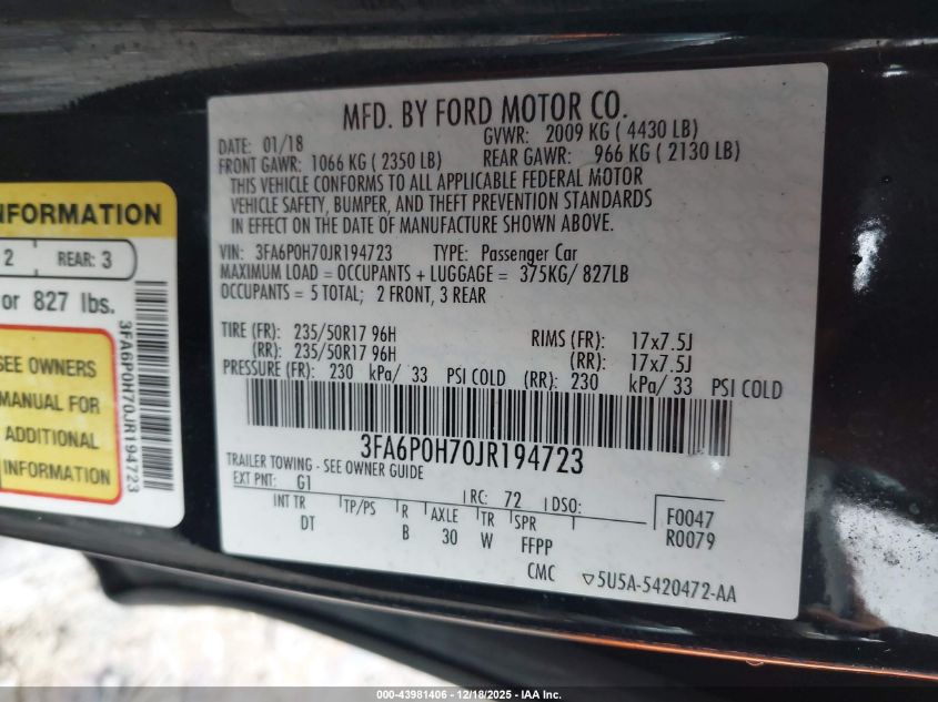 2018 Ford Fusion Se VIN: 3FA6P0H70JR194723 Lot: 43981406