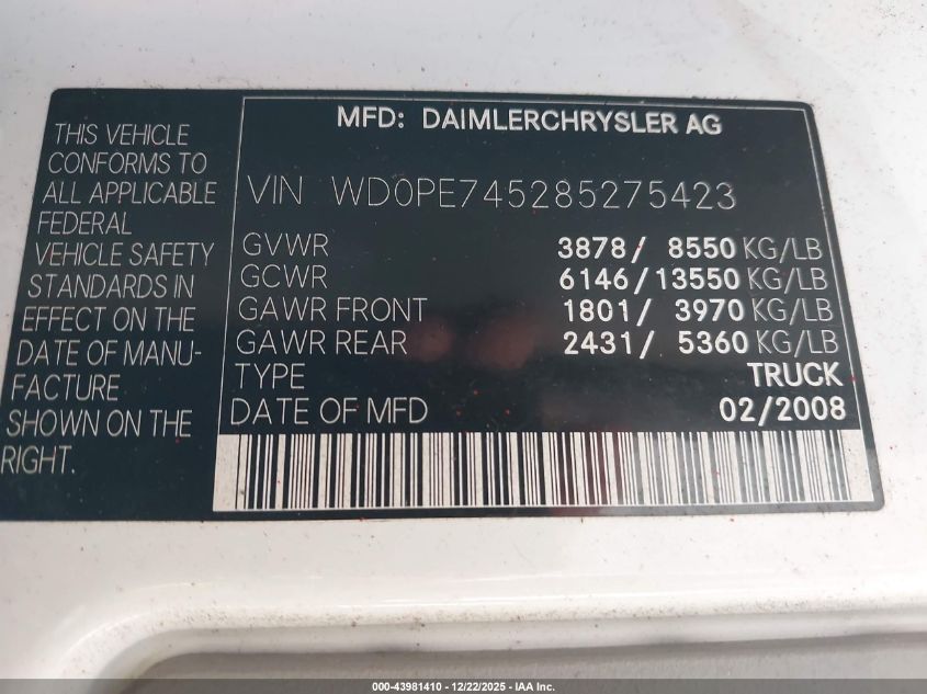 2008 Dodge Sprinter Van 2500 VIN: WD0PE745285275423 Lot: 43981410