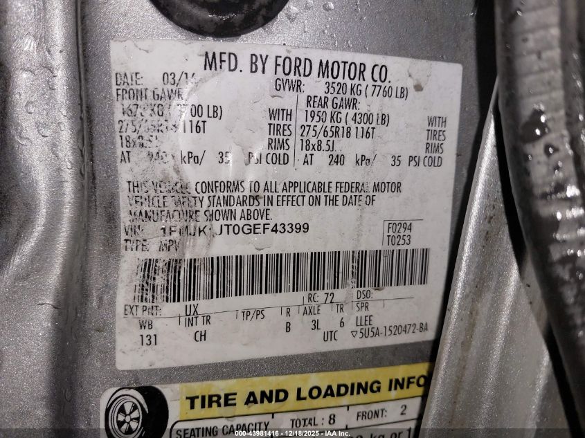 2016 Ford Expedition El Xlt VIN: 1FMJK1JT0GEF43399 Lot: 43981416