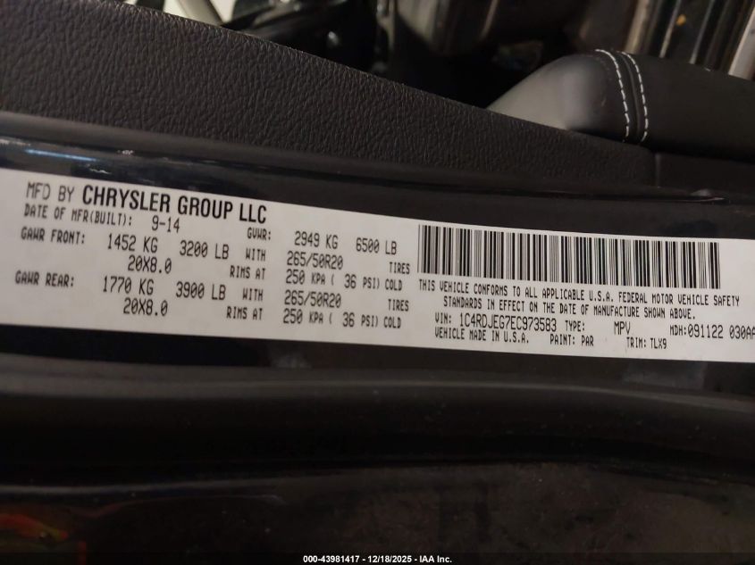 2014 Dodge Durango Citadel VIN: 1C4RDJEG7EC973583 Lot: 43981417