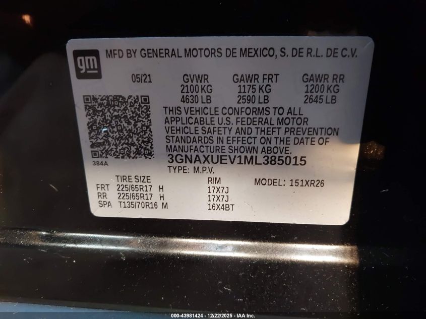 2021 Chevrolet Equinox Awd Lt VIN: 3GNAXUEV1ML385015 Lot: 43981424