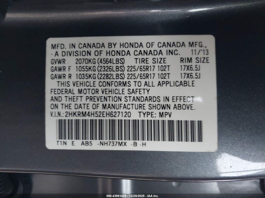 2014 Honda Cr-V Ex VIN: 2HKRM4H52EH627120 Lot: 43981429