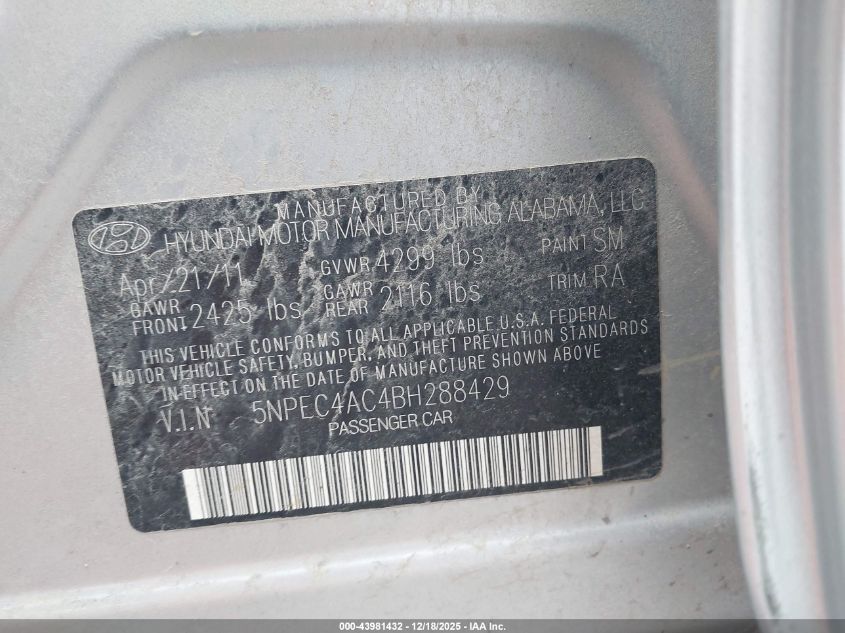 2011 Hyundai Sonata Se VIN: 5NPEC4AC4BH288429 Lot: 43981432