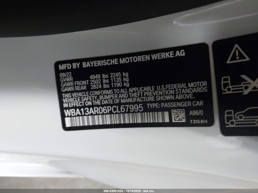 2023 BMW M440I xDrive VIN: WBA13AR06PCL67995 Lot: 43981434