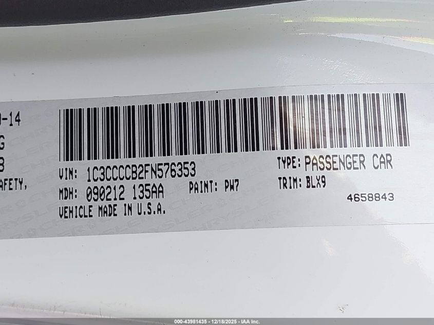 2015 Chrysler 200 C VIN: 1C3CCCCB2FN576353 Lot: 43981435