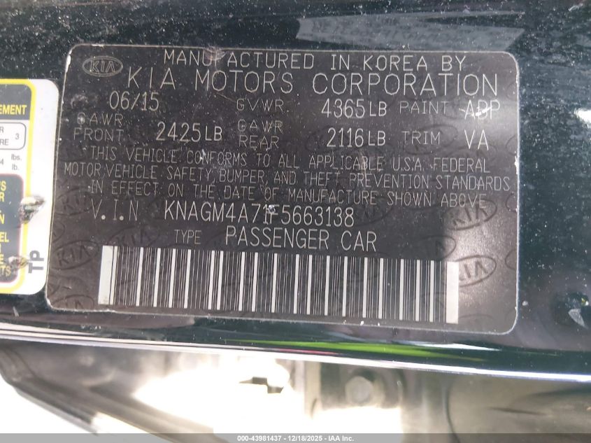 2015 Kia Optima Lx VIN: KNAGM4A71F5663138 Lot: 43981437