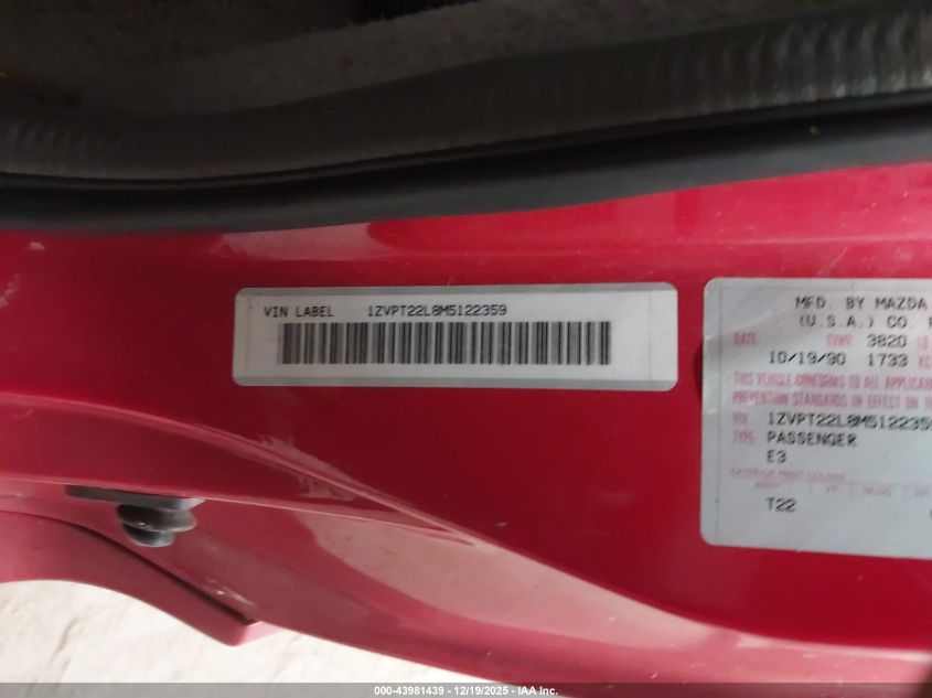 1991 Ford Probe Gt VIN: 1ZVPT22L8M5122359 Lot: 43981439