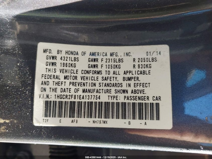 2014 Honda Accord Ex-L VIN: 1HGCR2F81EA137754 Lot: 43981444