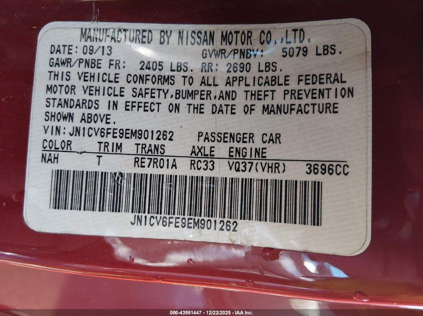 2014 Infiniti Q60 VIN: JN1CV6FE9EM901262 Lot: 43981447