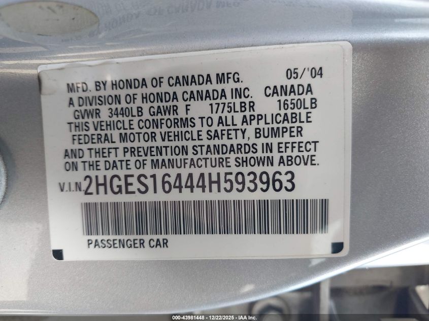 2004 Honda Civic Vp VIN: 2HGES16444H593963 Lot: 43981448