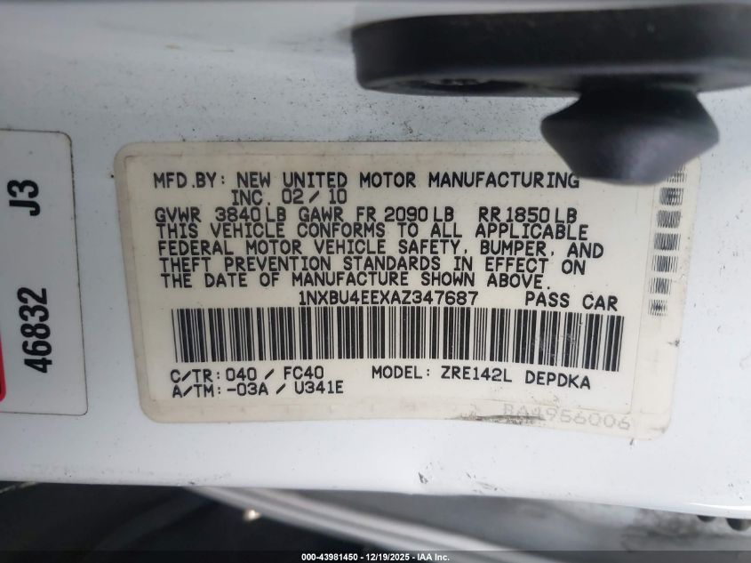 2010 Toyota Corolla Le VIN: 1NXBU4EEXAZ347687 Lot: 43981450